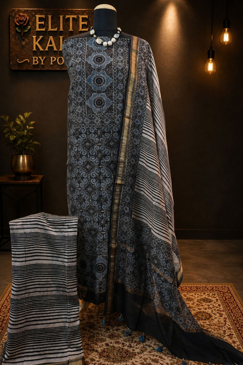 Maheshwari silk 3 piece ajrakh handblock suit/ black/design 2