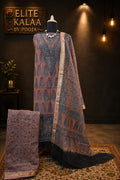Maheshwari silk 3 piece ajrakh handblock suit/ peach/design 2