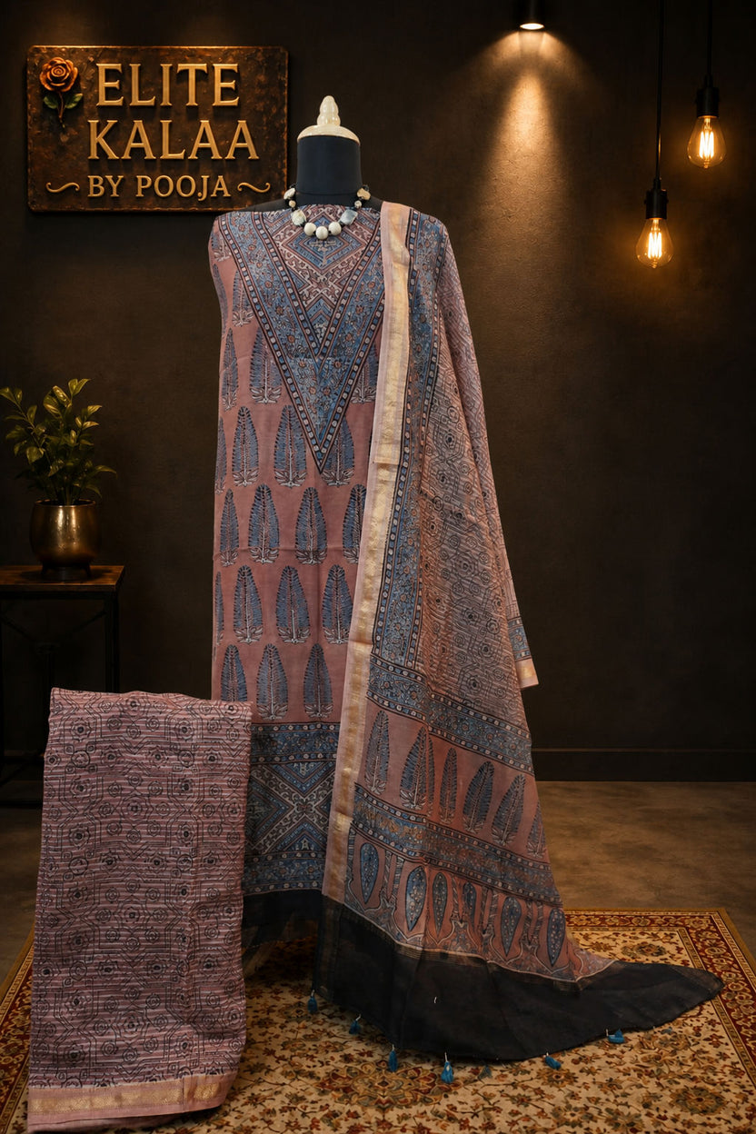 Maheshwari silk 3 piece ajrakh handblock suit/ peach/design 2