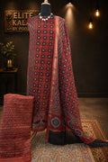 Maheshwari silk 3 piece ajrakh handblock suit/ red/design 1