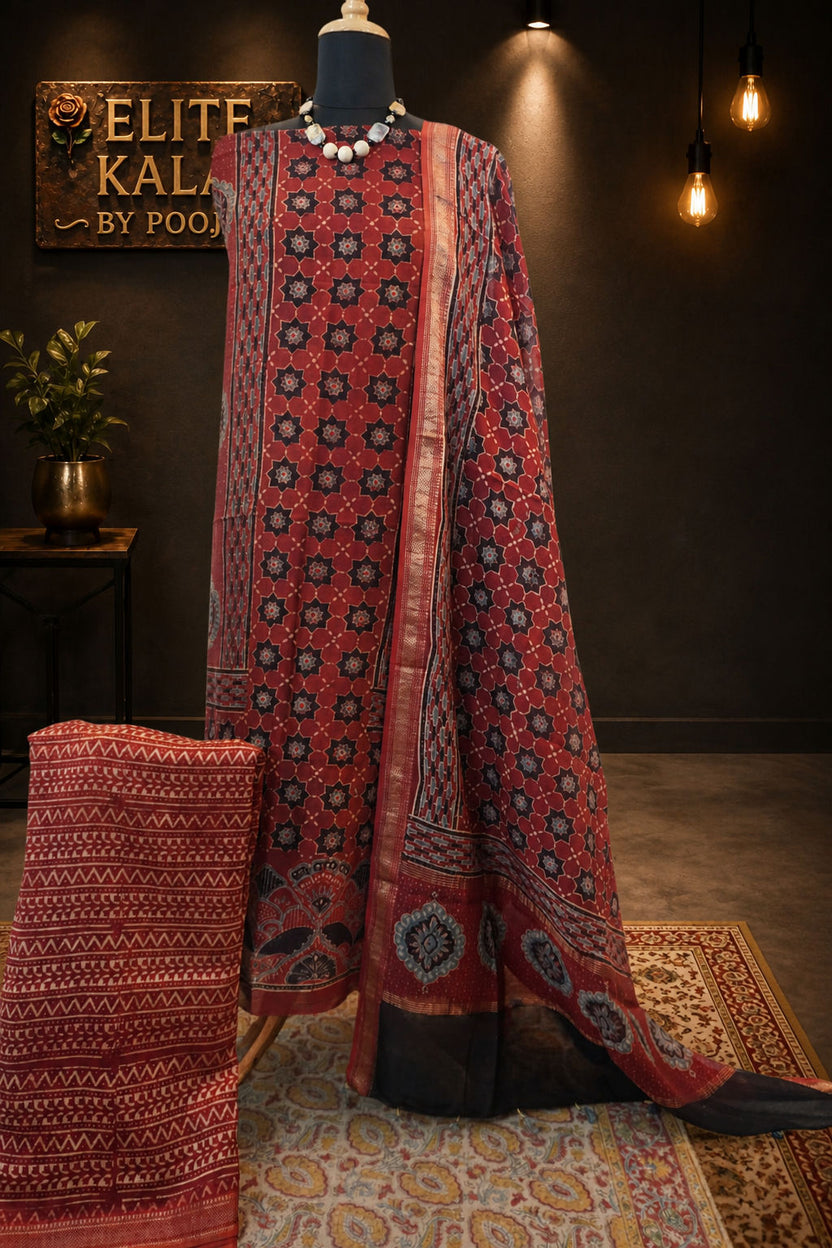 Maheshwari silk 3 piece ajrakh handblock suit/ red/design 1