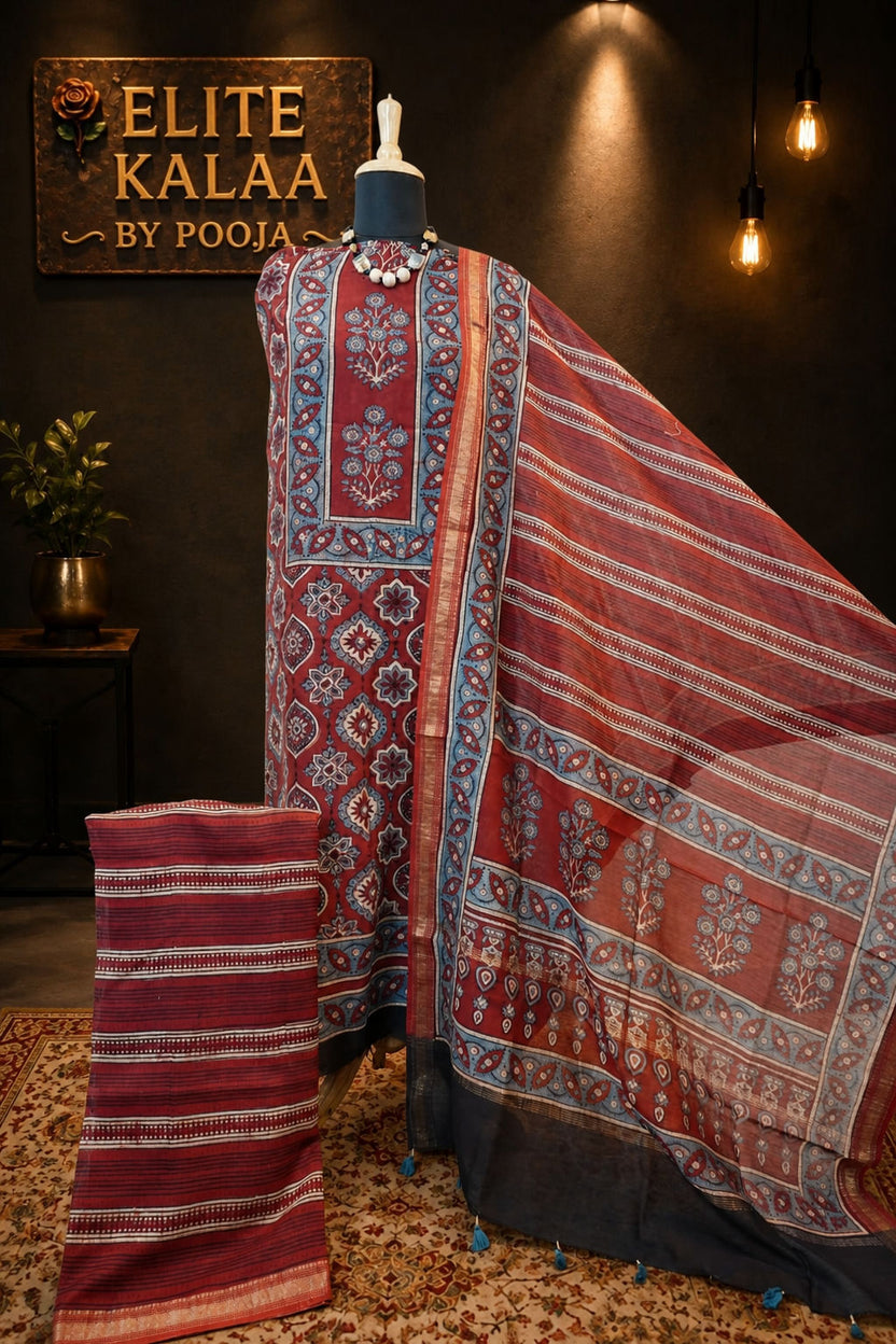 Maheshwari silk 3 piece ajrakh handblock suit/ red/design 2