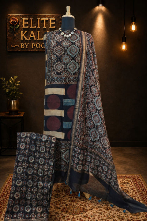 Maheshwari silk 3 piece ajrakh handblock suit/ black/design 3