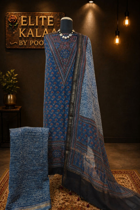 Maheshwari silk 3 piece ajrakh handblock suit/ indigo blue /design 1