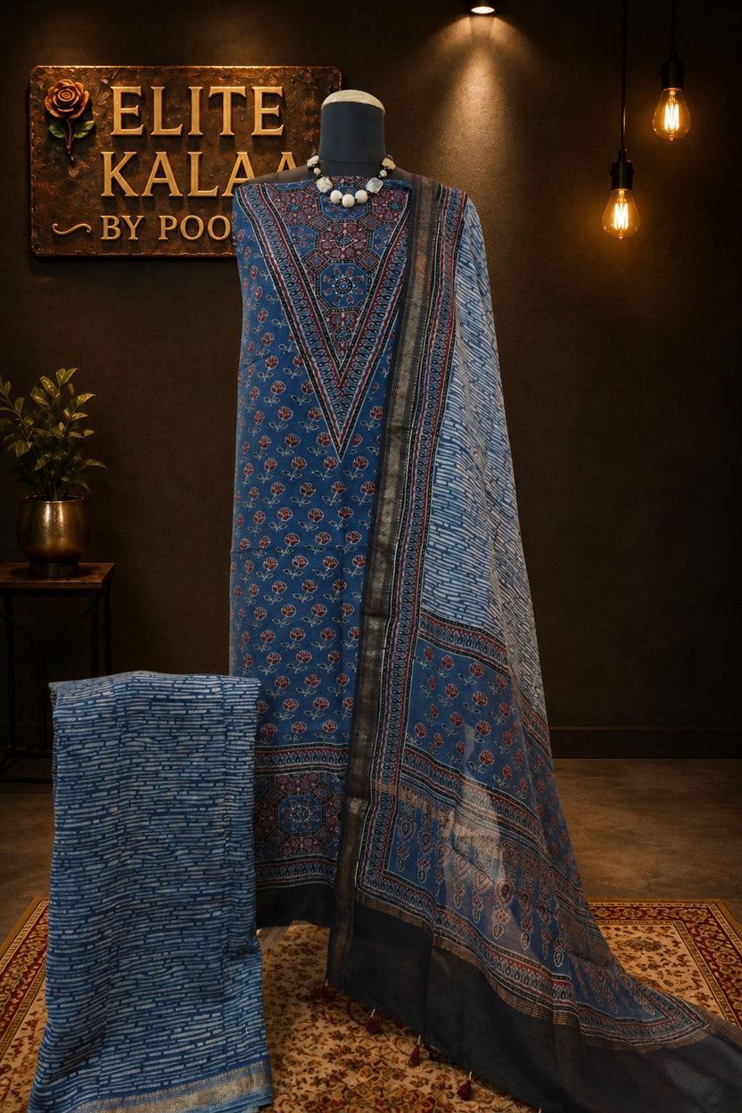 Maheshwari silk 3 piece ajrakh handblock suit/ indigo blue /design 1