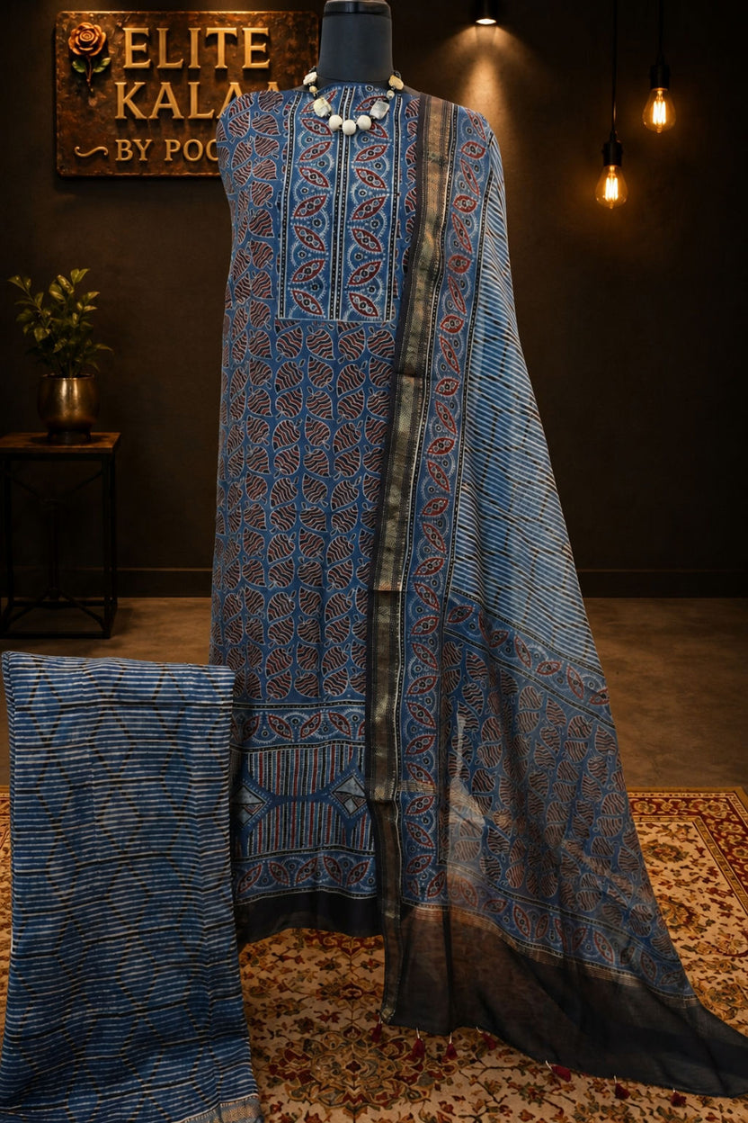 Maheshwari silk 3 piece ajrakh handblock suit/ indigo blue /design 2