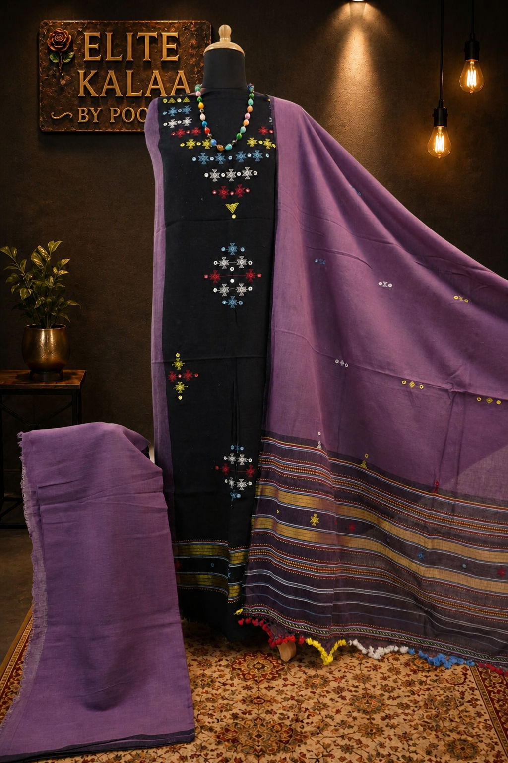 Black Kala Cotton Bhujodi 3 piece suit set with border, fringe and tassels