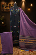 Black Kala Cotton Bhujodi 3-piece unstitched suit set with placement pattern, border, fringes and tassels