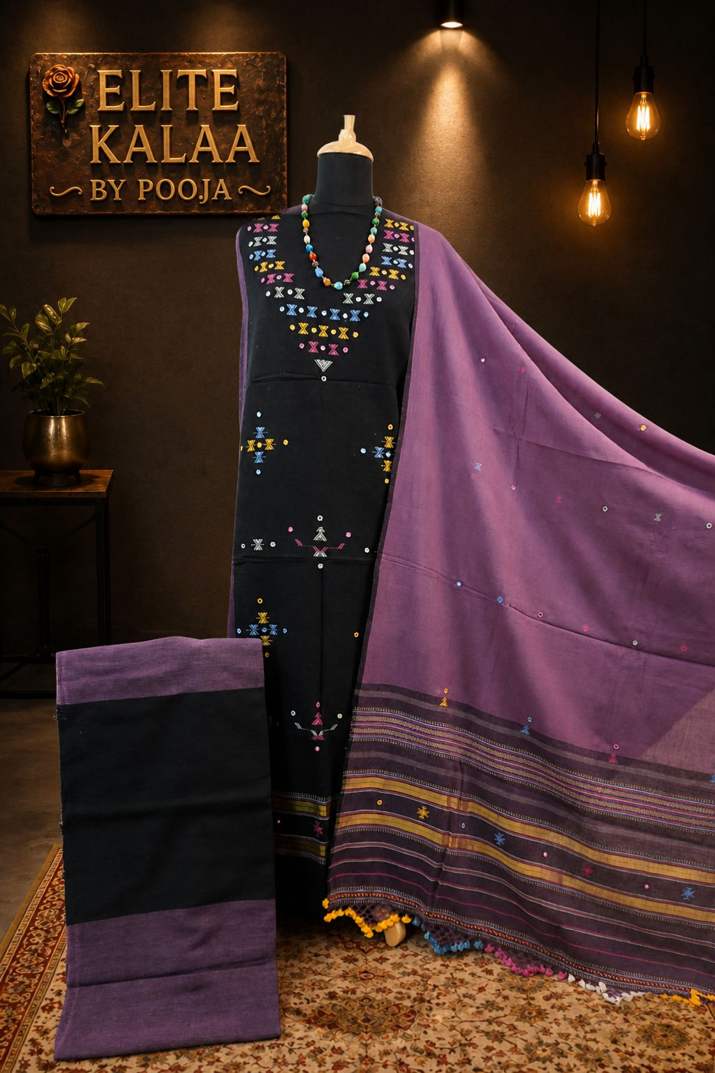 Black Kala Cotton Bhujodi 3 piece suit set with placement pattern, border, fringe and tassels
