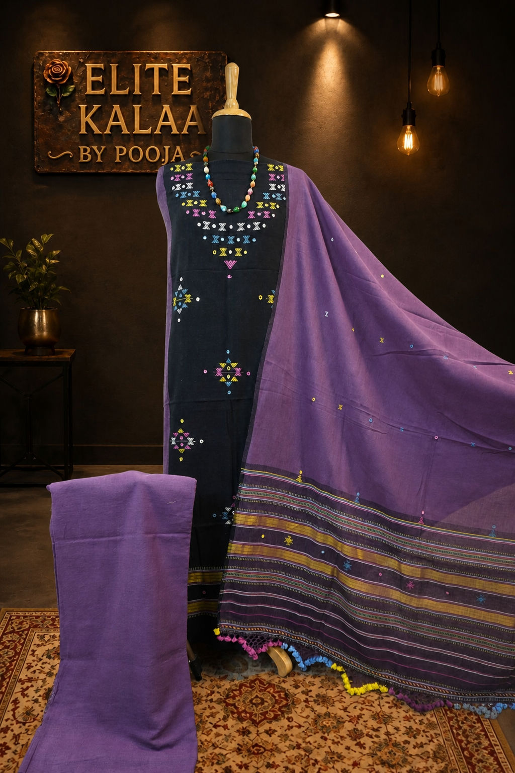 Black Kala Cotton Bhujodi 3 piece unstitched suit set with purple detailing, border and tassels