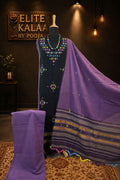 Black Kala Cotton Bhujodi 3 piece unstitched suit set with purple detailing, border and tassels