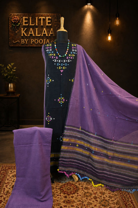 Black Kala Cotton Bhujodi 3 piece unstitched suit set with purple detailing, border and tassels