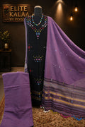 Black and purple Kala Cotton Bhujodi 3 piece suit set with placement pattern, border, fringe and tassels
