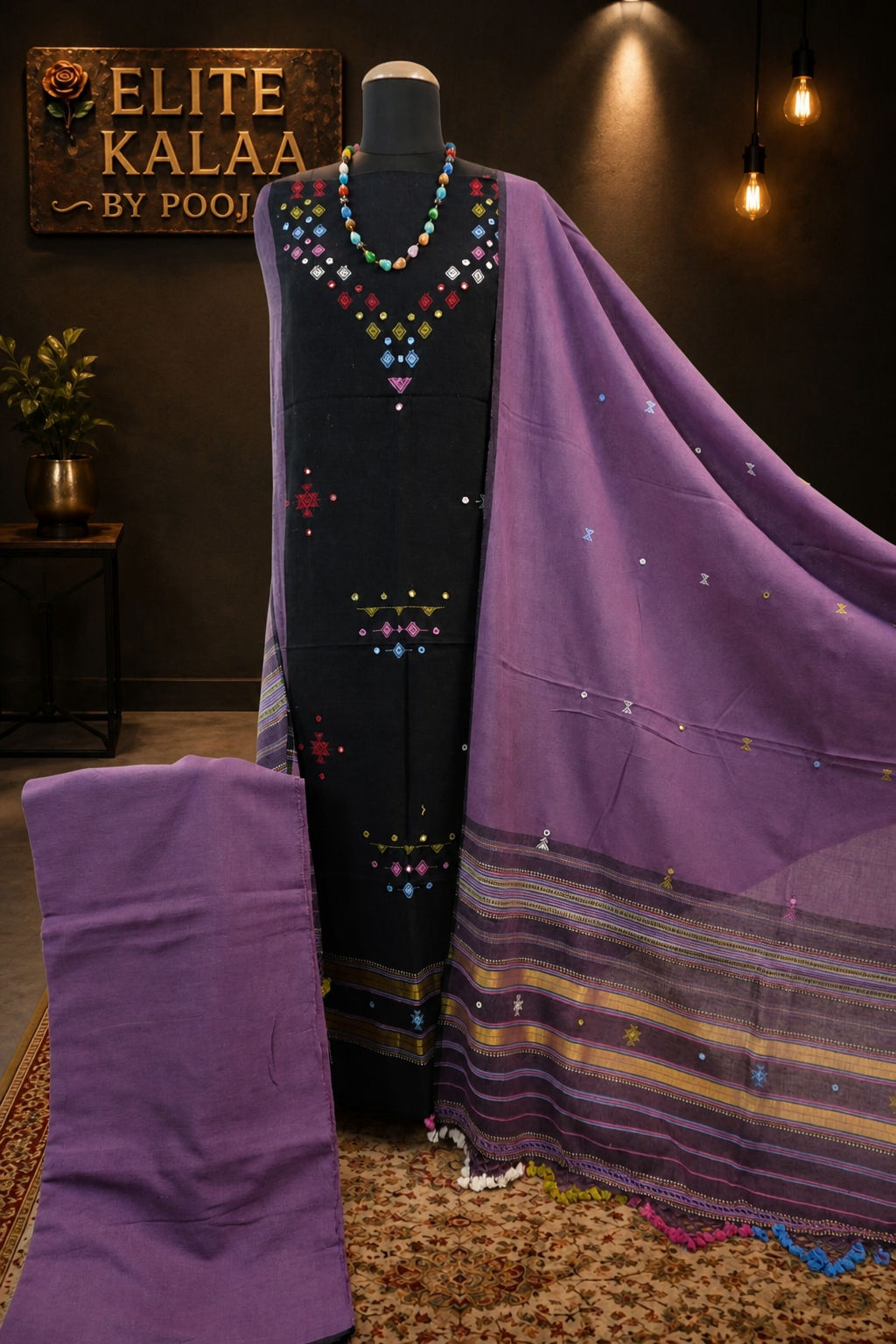 Black and purple Kala Cotton Bhujodi 3 piece suit set with placement pattern, border, fringe and tassels