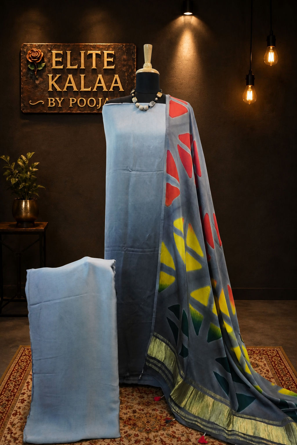 Grey modal unstitched 3-piece suit set with abstract pattern and border detail