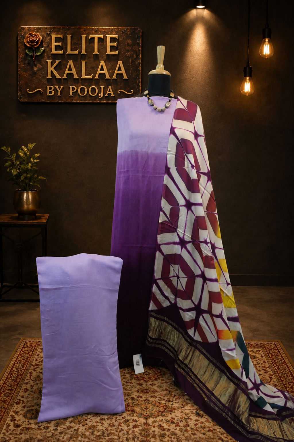 Modal 3-piece unstitched suit set in lavender purple with abstract pattern and border detail