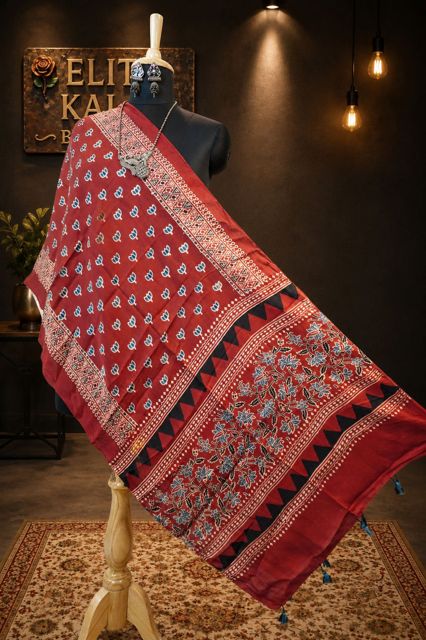 Ajrakh Modal Stole Red Small Lotus Design