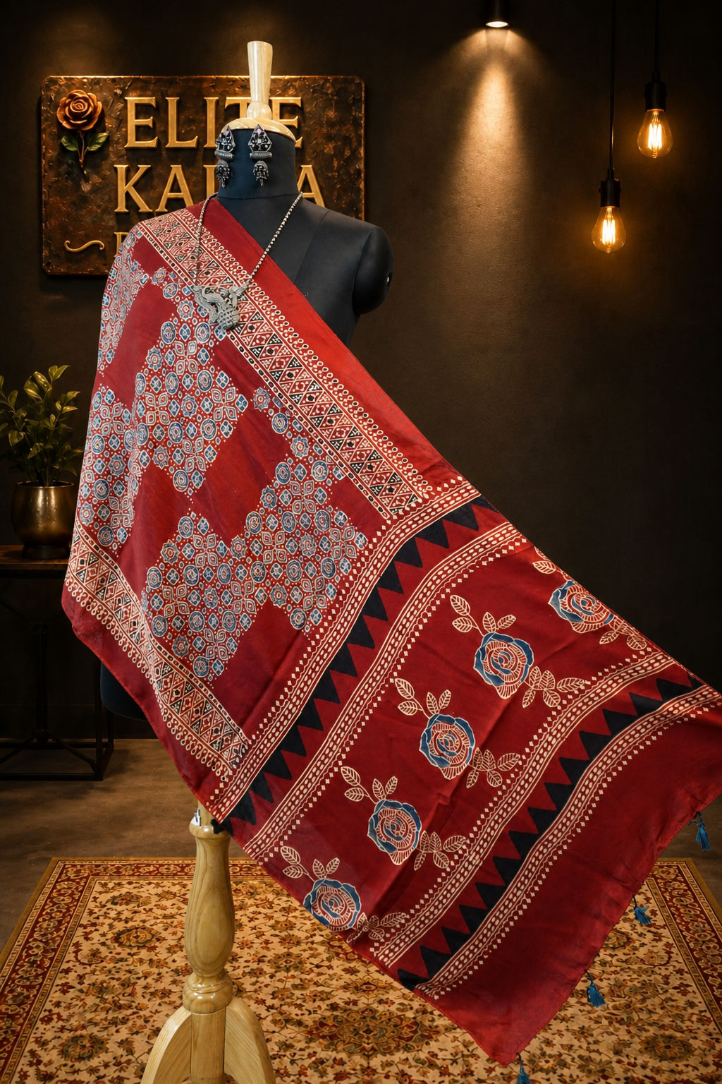 Ajrakh Modal Stole Red Rose Design