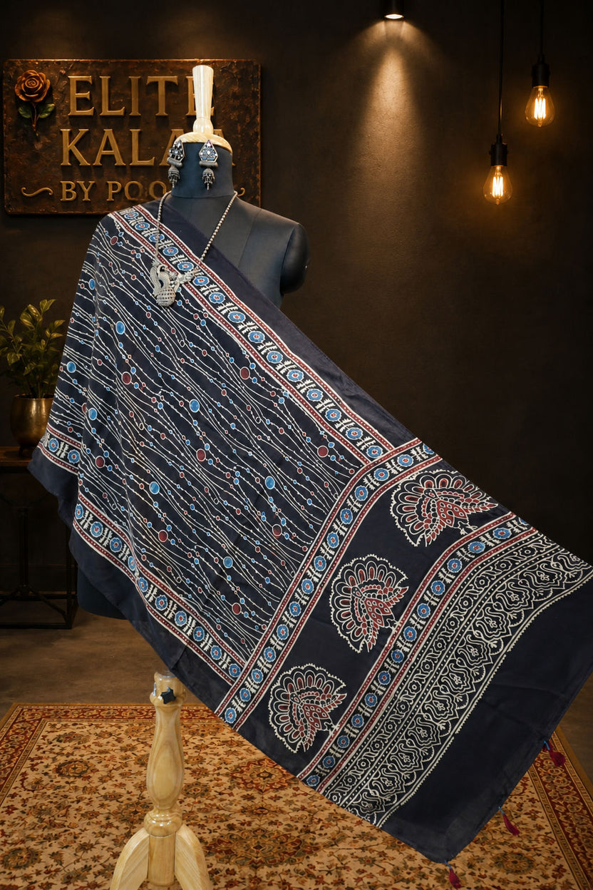 Ajrakh Modal Stole Black Peacock Design