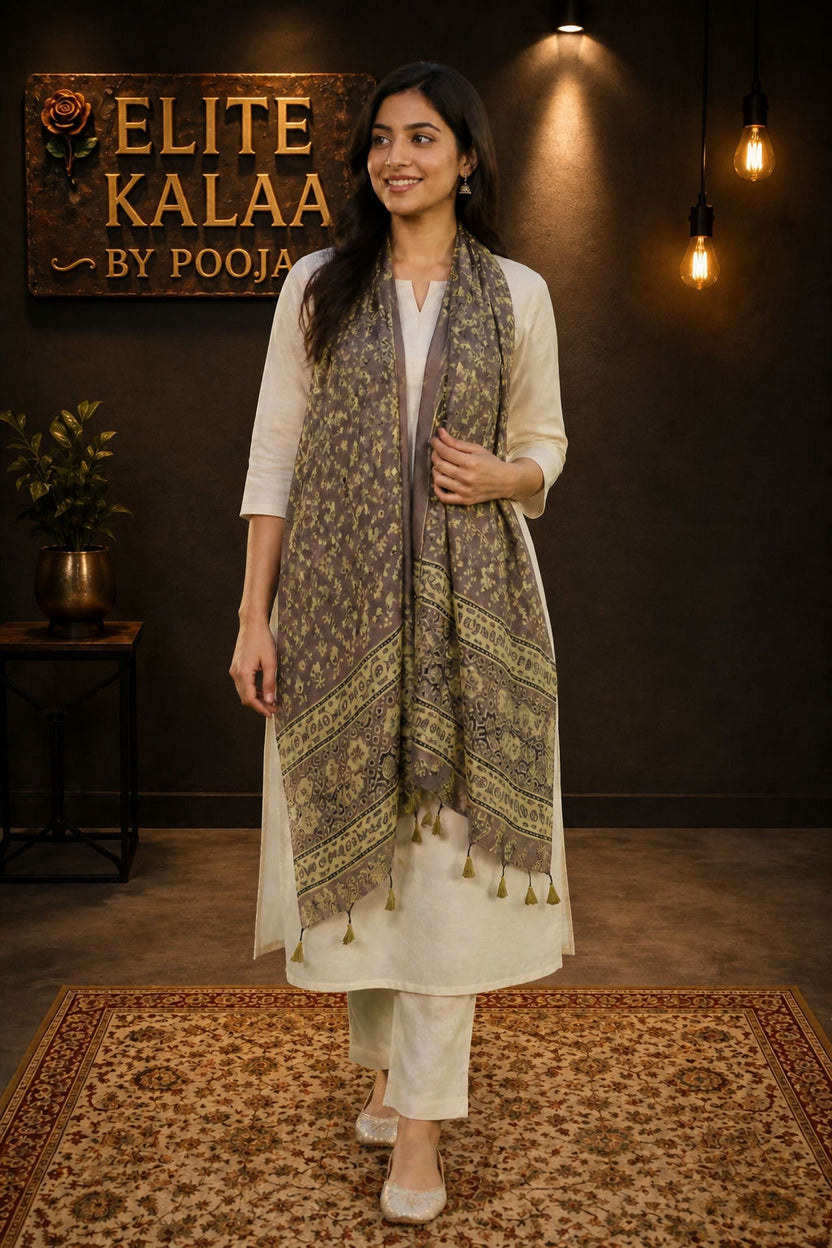 Ajrakh Modal Stole Brown Small Floral Design