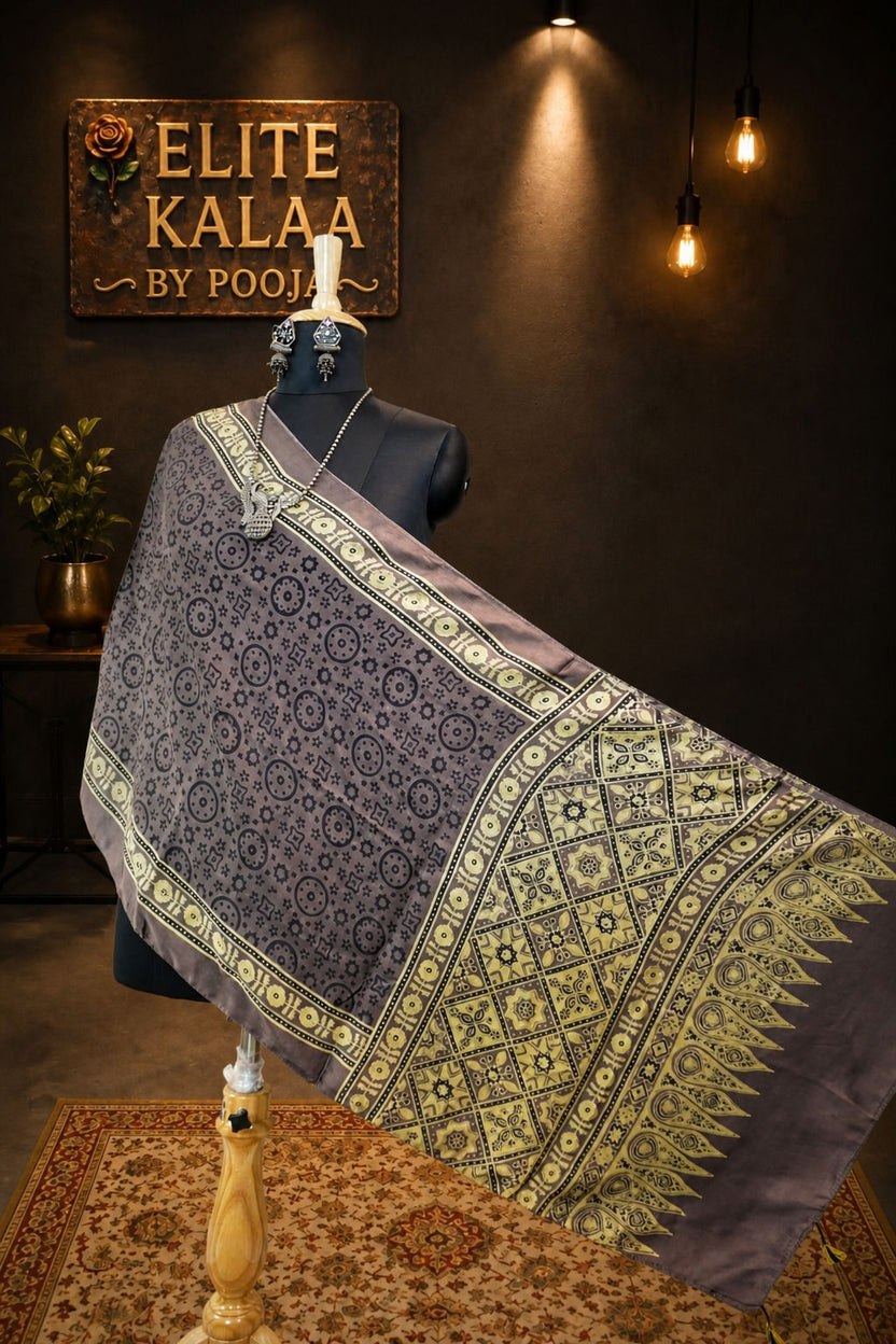Ajrakh Modal Stole Brown Geometric Design