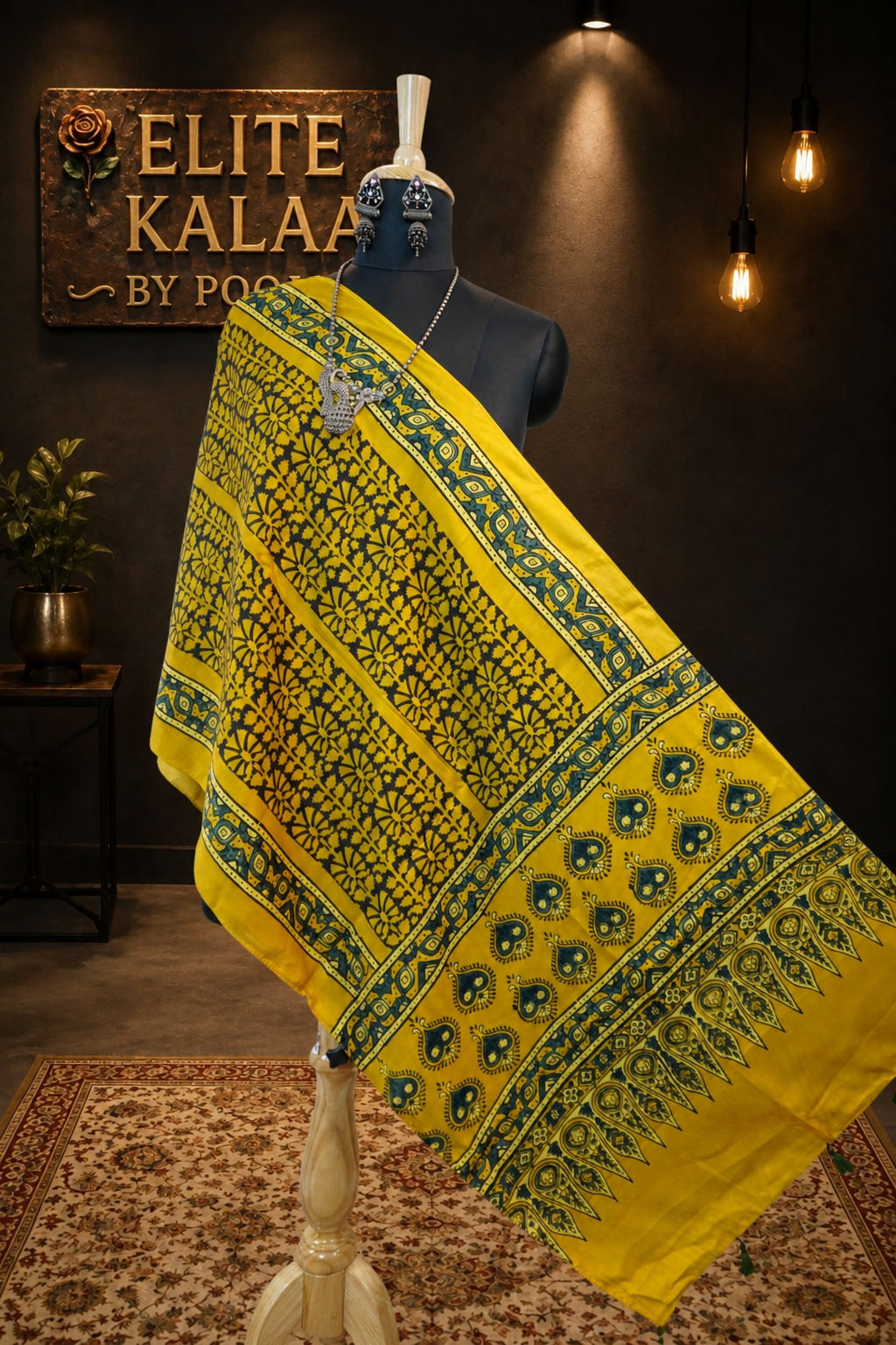 Ajrakh Modal Stole Yellow Leaf Design