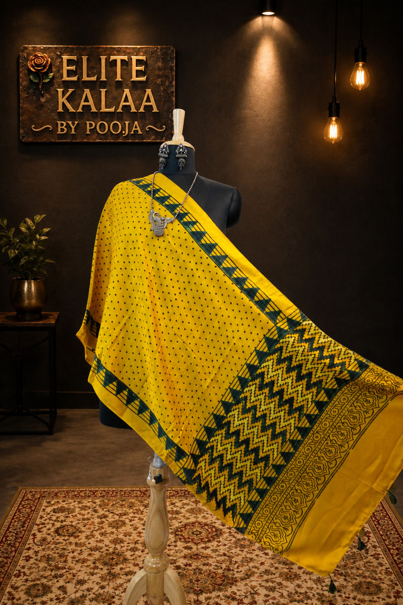 Ajrakh Modal Stole Yellow Polka Dot Design