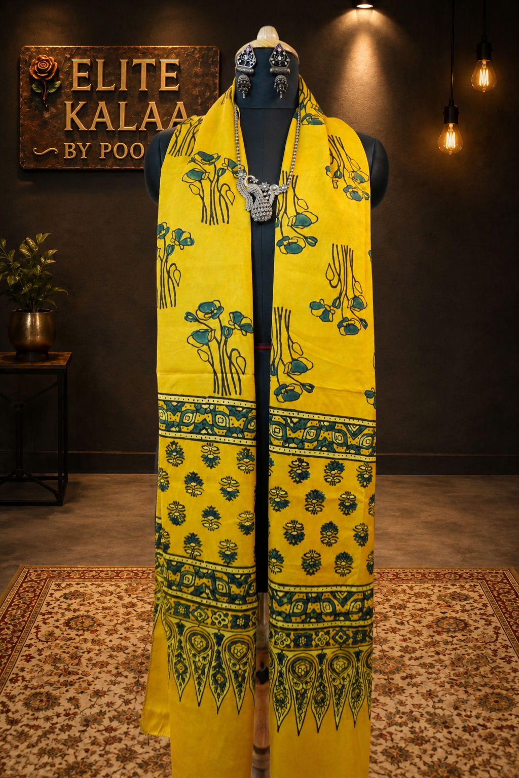 Ajrakh Modal Stole Yellow Floral Design