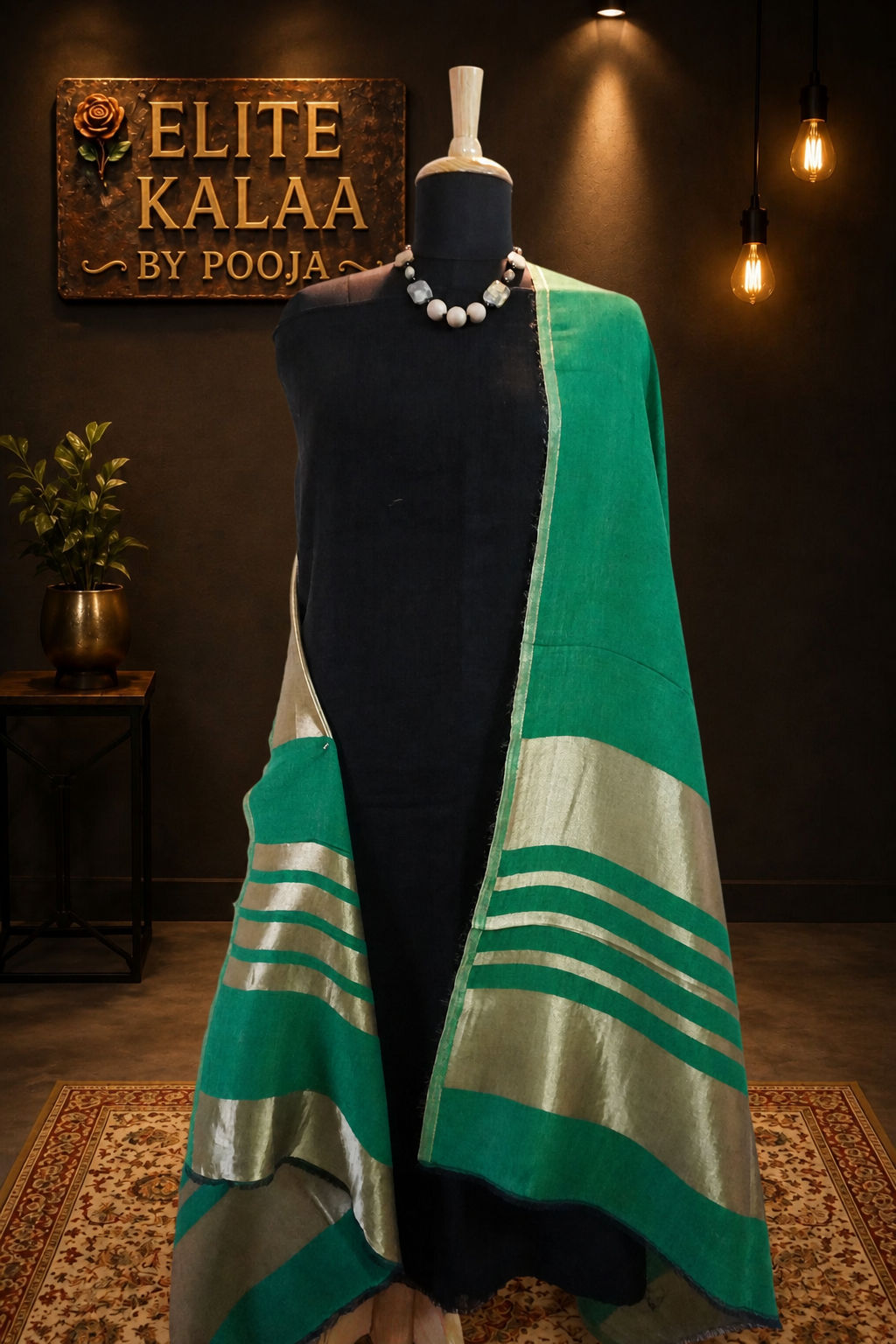 Green fine wool reversible stole with zari and striped detailing