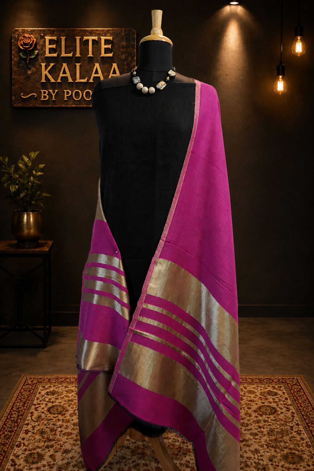 Pink fine wool reversible stole with zari and striped detailing