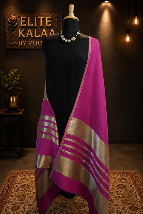 Pink fine wool reversible stole with zari and striped detailing