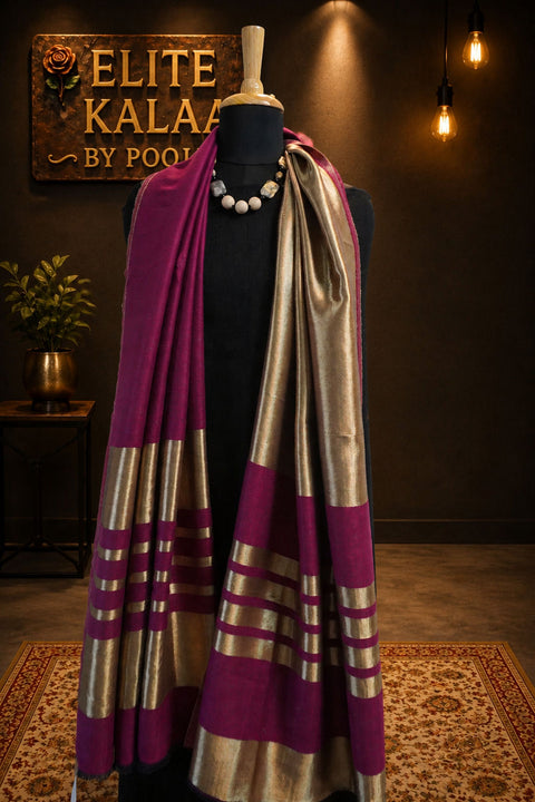 Purple fine wool reversible stole with zari and striped detailing