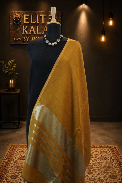 Mustard reversible fine wool stole with zari and gold striped detailing near the ends