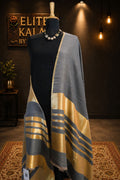 Grey fine wool reversible stole with zari detailing, striped pattern, border and fringe