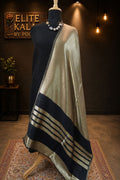 Black fine wool reversible stole with zari and striped detailing near the ends