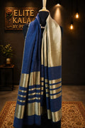 Dark blue fine wool reversible stole with zari accents and striped detailing near the ends