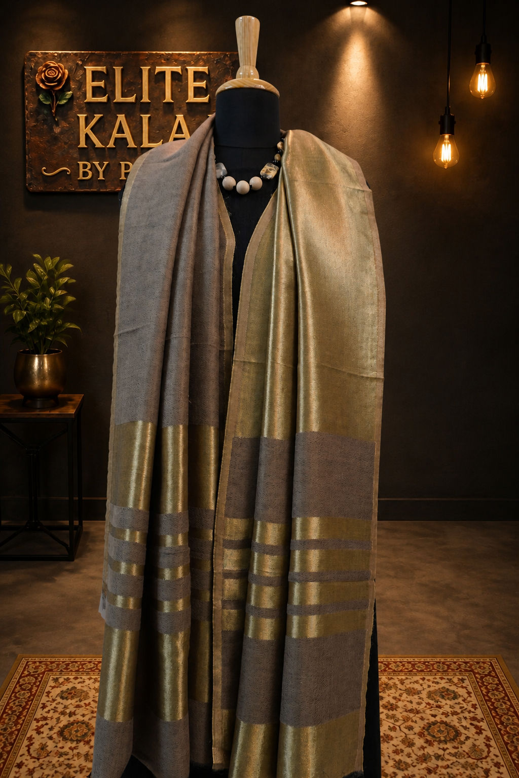 Beige fine wool reversible stole with zari and striped detailing