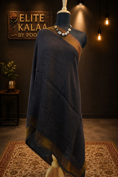 Black fine wool reversible stole with zari detail and a border finish