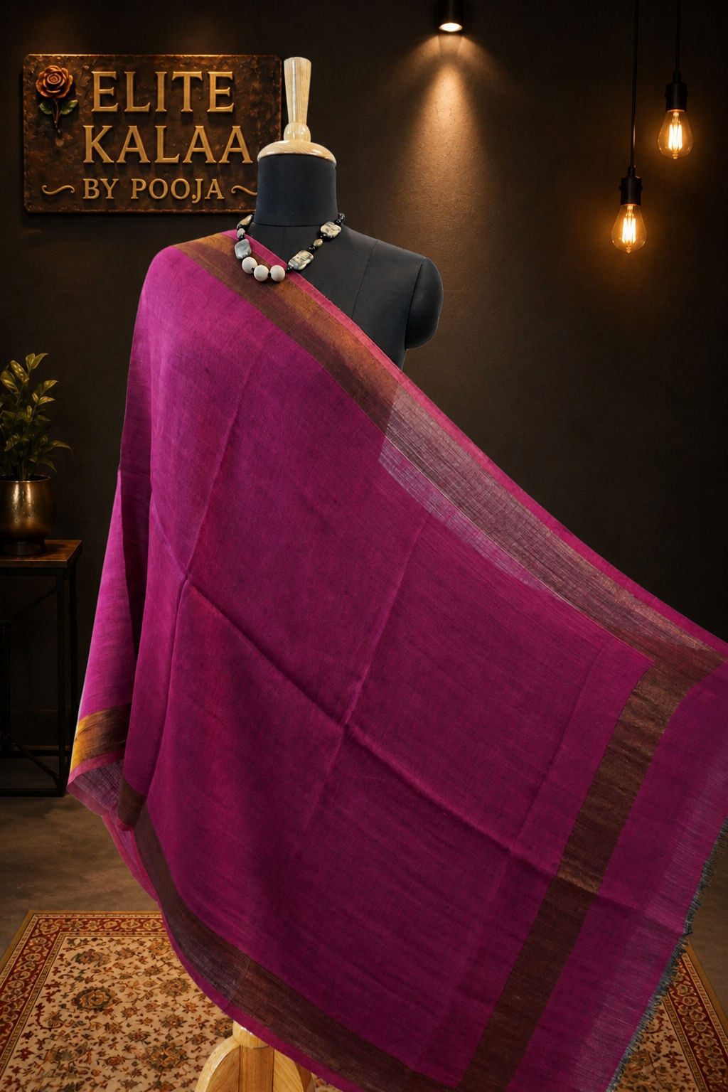 Dark pink fine wool reversible stole with zari and a subtle solid design with border detail