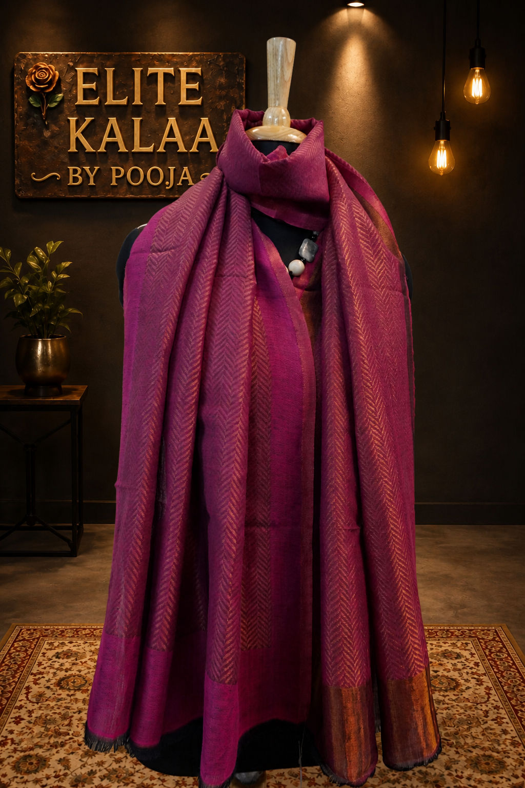 Dark pink fine wool stole with self zari chevron geometric design