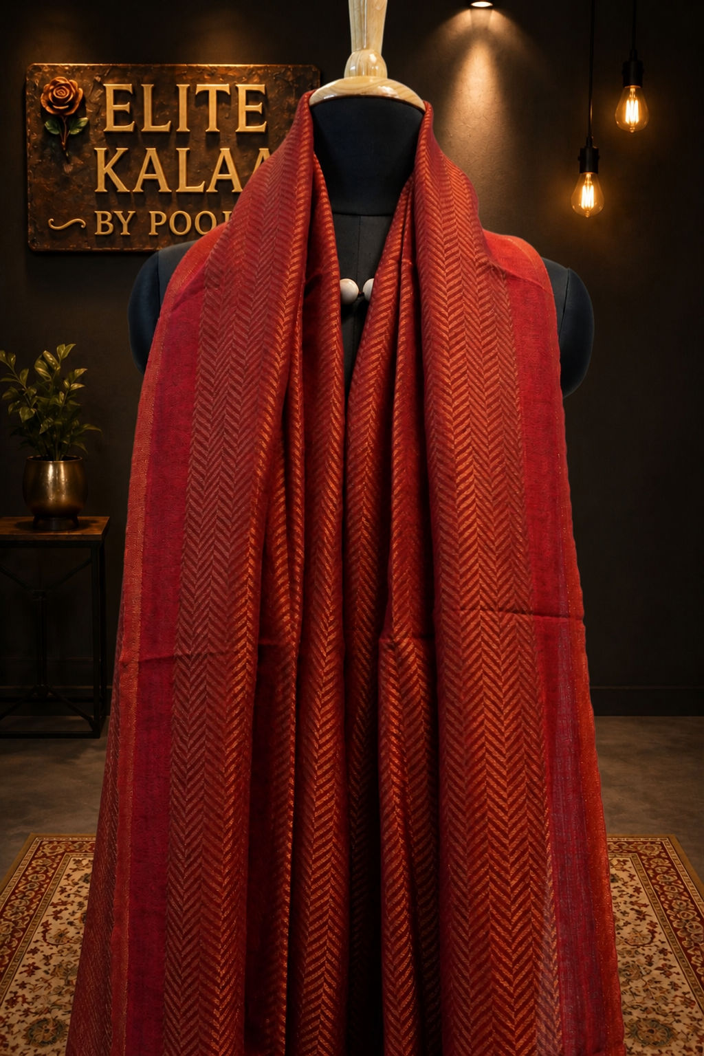 Red fine wool stole with self zari chevron chevron design and border detail
