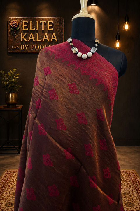Maroon fine wool stole with self zari leaf design