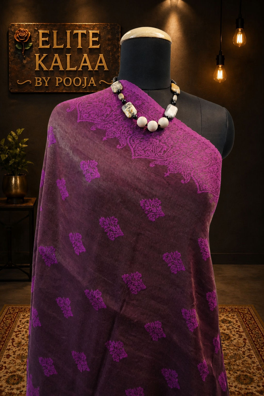 Purple fine wool stole with self zari leaf design