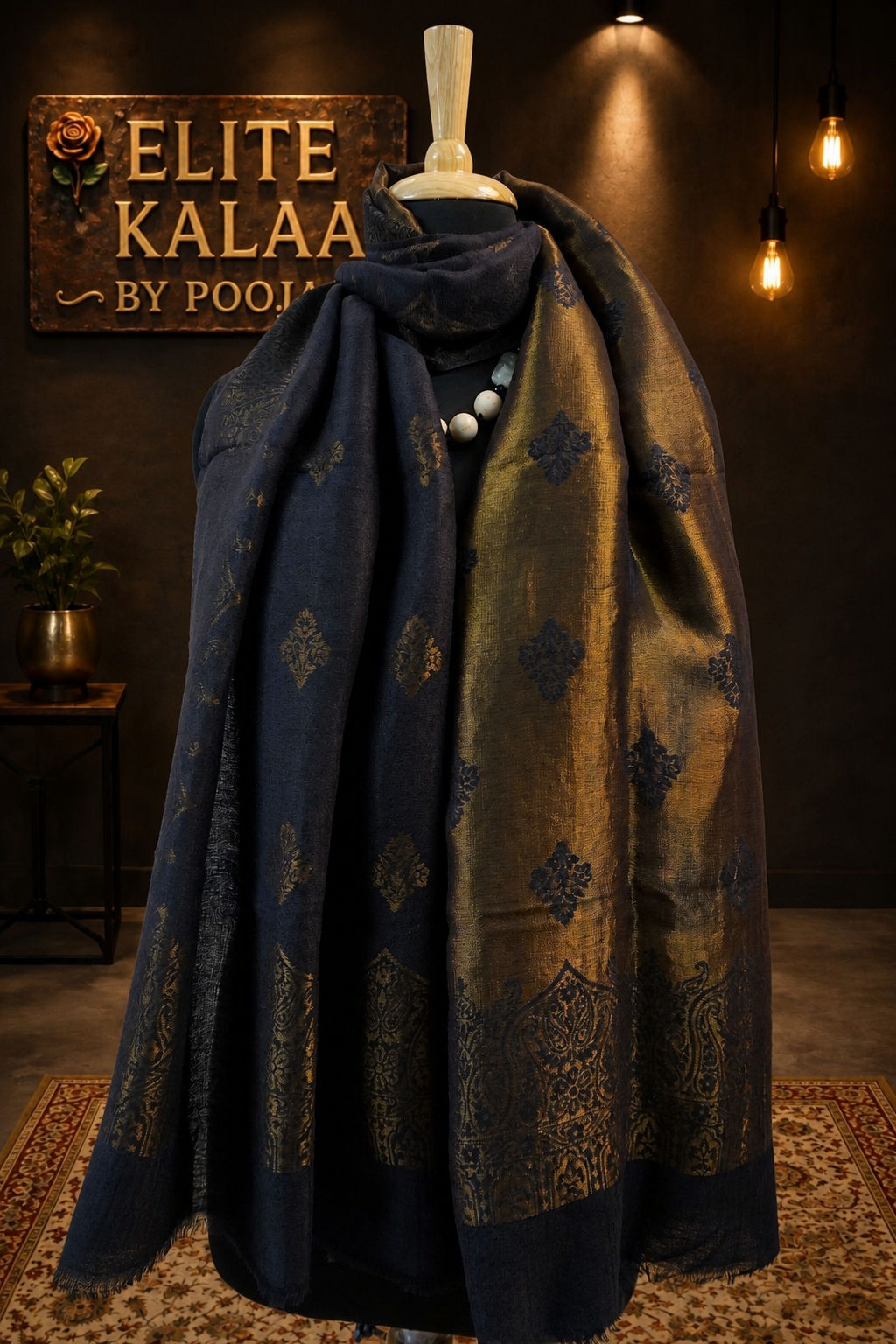 Black fine wool stole with self zari leaf design and border detail