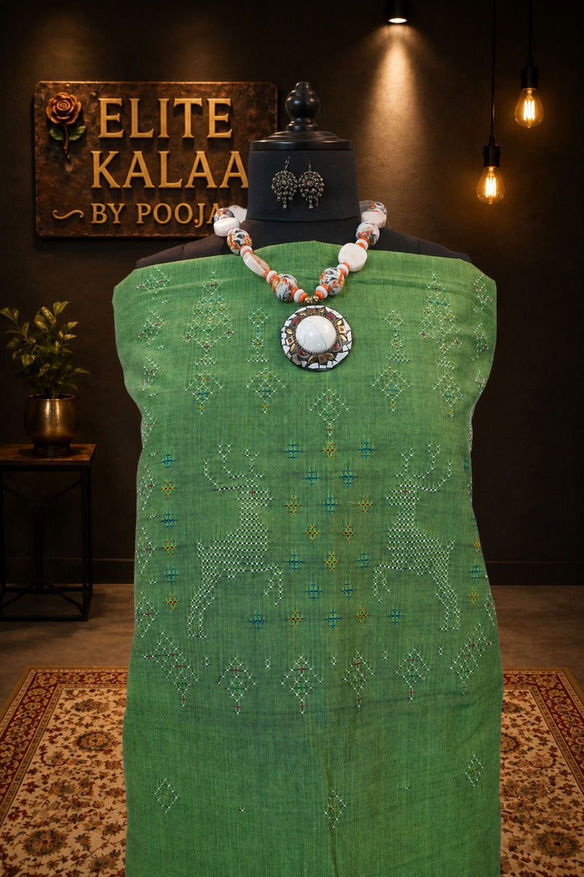 Green Tangaliya cotton kurti fabric with a distinctive geometric look