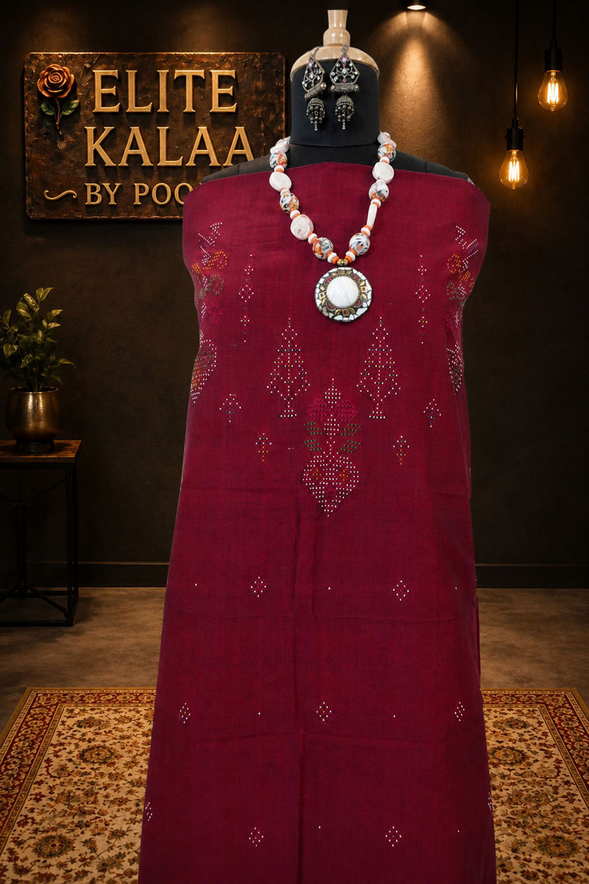 Cotton Tangaliya Placement Print Kurti Fabric Maroon Flower