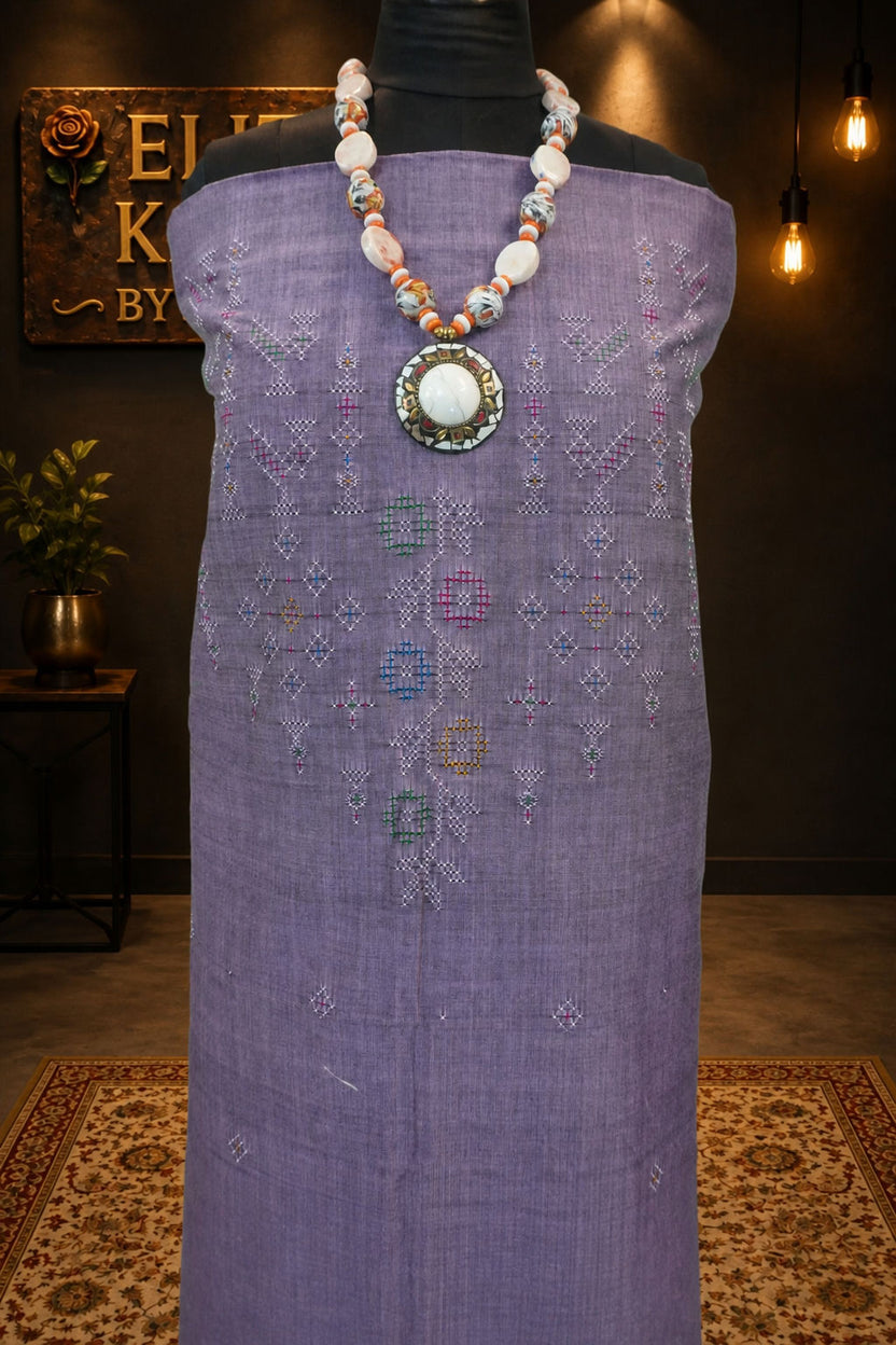 Dusty lilac cotton Tangaliya kurti fabric with an all-over bird pattern