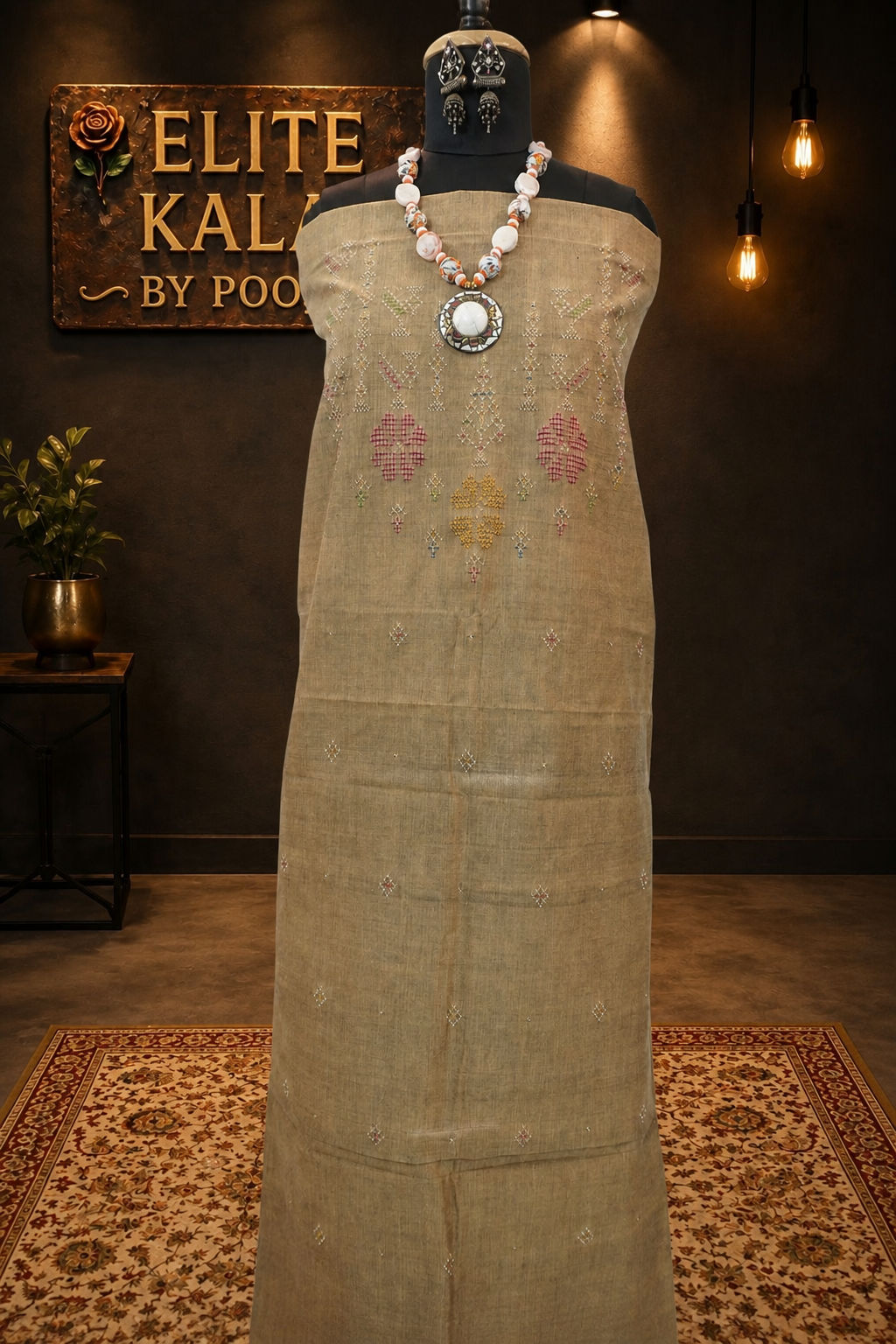 Cotton Tangaliya Kurti Fabric Beige Bird Design