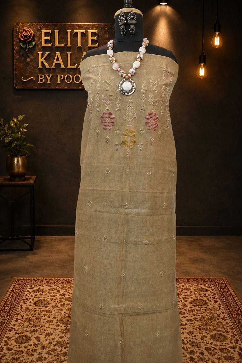 Cotton Tangaliya Kurti Fabric Beige Bird Design