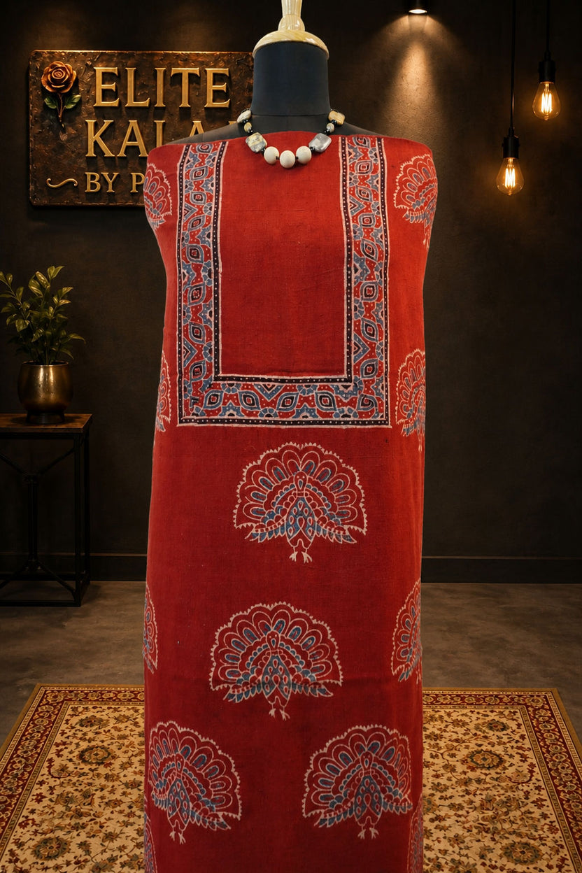 Kala Cotton Ajrakh Handblock Kurti Fabric Red Block Pattern 5 with Border